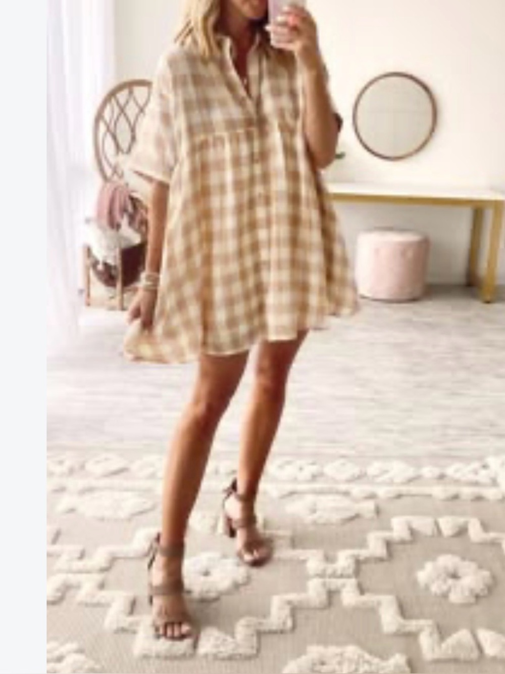 Entro tan gingham babydoll mini dress